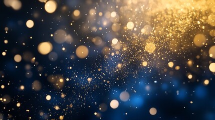 Abstract holiday background featuring dark blue and gold particles with bokeh light effects