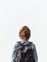 young boy wearing a backpack is seen from behind on a white background with copy space for text. back to school concept.