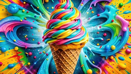 A swirl of rainbow ice cream exploding in a burst of vibrant colors, creating a delicious and whimsical scene