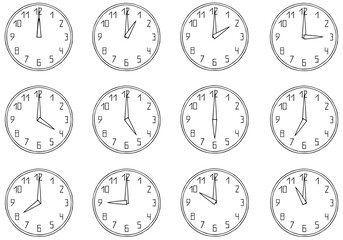 Time with 12-hour and 24-hour clocks. Many clocks that show the time. Freehand drawing. Doodle. Hand Drawn. Outline.
