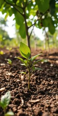 Lush coffee tree seedling being planted in a vibrant natural setting, ecosystem, planting, tree