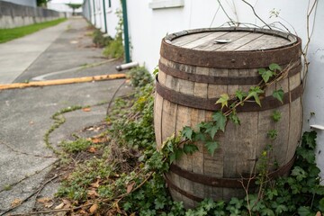 Old whiskey barrel with a worn wooden lid and vines growing around it, countryside scenery, whiskey barrel