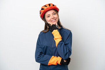 Young cyclist Lithuanian woman isolated on white background happy and smiling