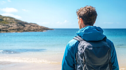 Fototapeta premium Man wearing a blue jacket and backpack, standing on a sandy beach while looking out at the calm blue ocean, capturing a sense of travel and exploration