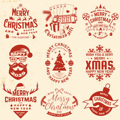 Set of Merry Christmas and 2025 Happy New Year stamp, sticker Set quotes with snowflakes, snowman, santa claus, candy, sweet candy, cookies. Vector. Vintage typography design for xmas, new year emblem