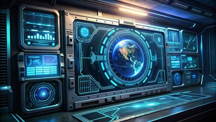 Fototapeta premium Futuristic FUI Display Screen Frame with Information Fields for Sci-Fi Game Interface Design in Low Light Photography, Showcasing Modern Technological Elements for HUD Style Games