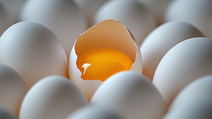 Fresh Eggs with One Cracked Shell and Yolk Visible