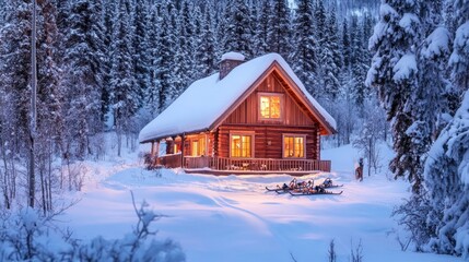 A cozy wooden cabin with snow-covered roof and lit windows stands in a snowy forest with a person standing in the background and skis in the foreground.