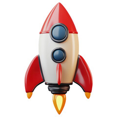 A red and white rocket is flying through space isolated on transparent or white background, png