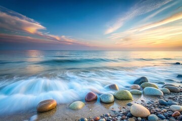 Obraz premium Gentle Waves Lapping on Tranquil Beach Rocks: A Minimalist Exploration of Nature's Serenity and Coastal Beauty