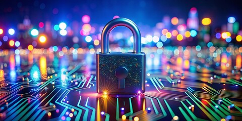 Glowing Circuit Board Padlock on a Dark Surface with Neon Lights and Technology Elements for Cybersecurity Concepts and Digital Safety Themes