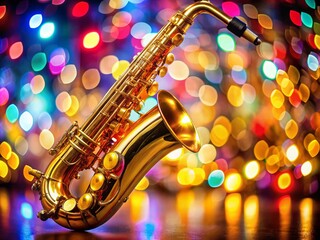 Obraz premium Golden Saxophone Under Festive Lights Evokes Vibrant Nightlife Music Scene in Long Exposure Photography Capturing the Essence of Jazz and Celebration