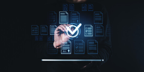 Man pen touch check mark, document management system hologram with files