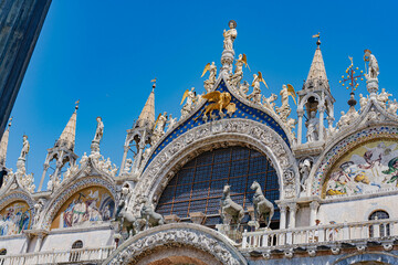 Basilica di San Marco in Piazza San Marco. Venice, Italy. Ornate detail of landmark of Venice in summer.