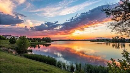 Obraz premium Watercolor landscape with a serene lake scene set against a warm sunset background, golden hues, water, peaceful, tranquility