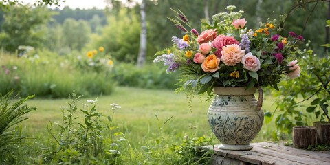 Watercolor flowers in a vase surrounded by lush greenery, stems, plants, centerpiece, delicate