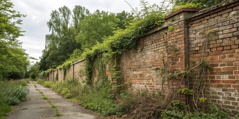 Weathered brick wall with a grungy frame of overgrown vegetation, earthy tones, foliage, wall, worn