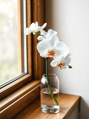 White orchid with delicate petals in a clear vase placed on a wooden windowsill with soft natural light filtering through, floral, wooden