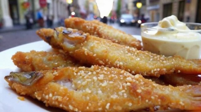 close-up of crispy louisiana fried catfish coated in cajun spices, served with tangy remoulade sauce, crispy and seasoned louisiana fried catfish, served with tangy remoulade