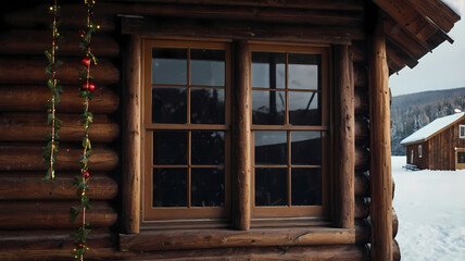 Log cabin window overlooking a snowy landscape in winter, with festive decorations adding a warm...