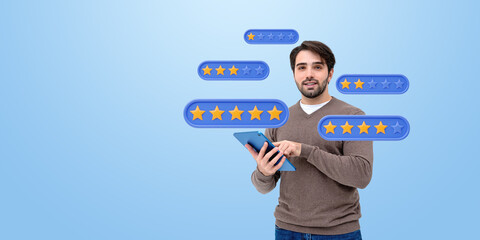 Man holding tablet with floating star rating icons, smiling on b