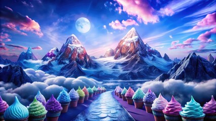 A whimsical landscape featuring pastel-colored cupcakes lining a path through a snowy mountain range with a full moon shining in the blue sky.