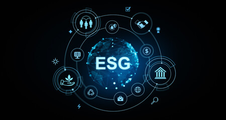 ESG Concept with Digital Icons on Dark Background. 3D Rendering