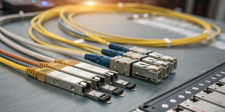High-Quality SFP Network Modules and Patch Cords for Network Switches with Bokeh Effect &ndash; Ideal for Networking Solutions and Technology Backgrounds