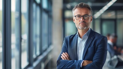 A man in a suit and glasses standing in an office.