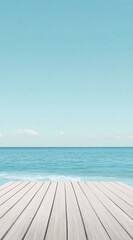 Fototapeta premium A wooden dock stretches out over calm blue water on a bright, sunny day