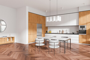 Wooden home kitchen interior with dining table and cooking cabinet, dresser