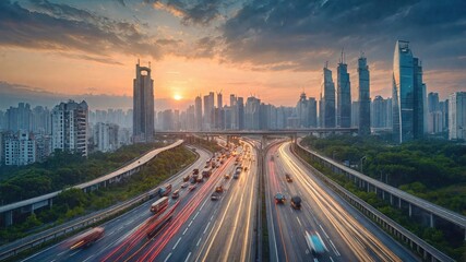 Obraz premium Modern metropolis skyline at sunset with multiple highway lanes showing light trails from traffic, surrounded by skyscrapers and green spaces, showcasing urban development