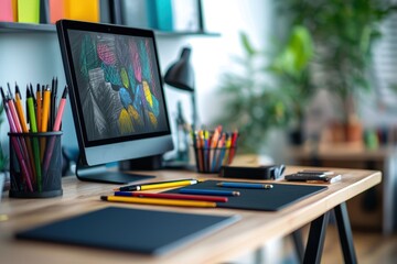 Creatively Curated Workspace with Modern Decor and Colorful Stationery Supplies