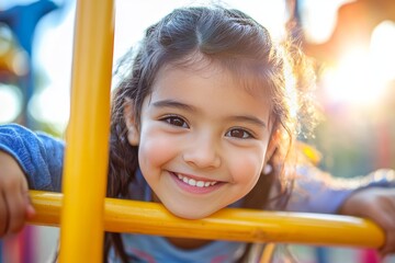 Young hispanic girl joyfully playing on a climbing frame in a backlit playground close up