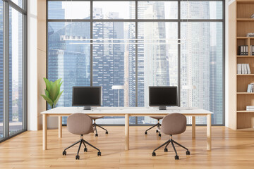 Office interior with desks and computers, wooden floor, large windows showing cityscape, modern corporate business space. 3D Rendering
