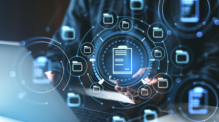 Digital document interface with icons on a futuristic screen. Blurred background. Concept of online document management and security