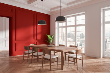 Elegant dining room with wooden table, chairs, red accent wall, large windows, and city view. Modern design concept. 3D Rendering