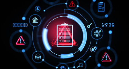 Futuristic digital interface with compliance checklist and security icons on dark background. Concept of cybersecurity. 3D Rendering