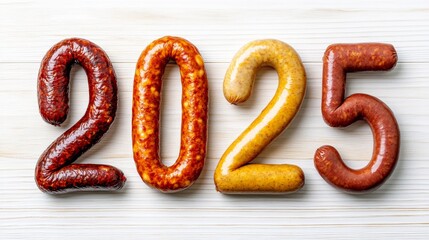 Row of sausage links that spell out the number twenty-five. The sausage links are arranged in a way that they form the numbers twenty and twenty-five. The image has a playful and creative vibe