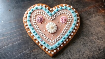 A delicate heart-shaped gingerbread cookie decorated with intricate icing, featuring a delicate floral design in the center and adorned with pearl-like sprinkles and blue icing along the edges.