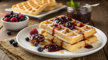 Belgian waffles with jam.