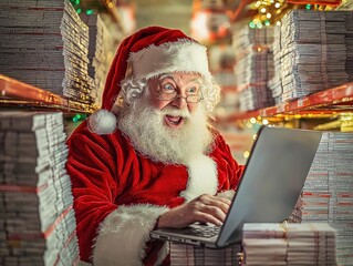 A joyful Santa Claus uses a laptop among stacks of gifts, embodying the festive spirit and modernity during the holiday season.