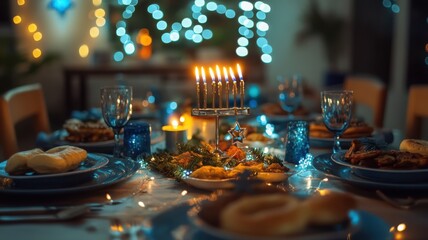 Beautifully set Hanukkah table with menorah, latkes, and sufganiyot, decorated with candles and blue-silver accents. Hanukkah