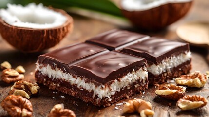 Luxurious Coconut Chocolate Treat with Walnut Base on Rustic Wooden Surface