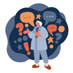 Cartoon vector illustration of a female doctor giving medical advice, representing care, communication, and healthcare guidance over dark background