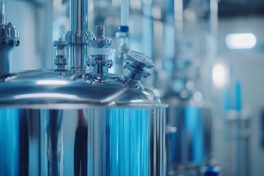 Industrial photography of pharmaceutical equipment and chemical reactors in medicine production