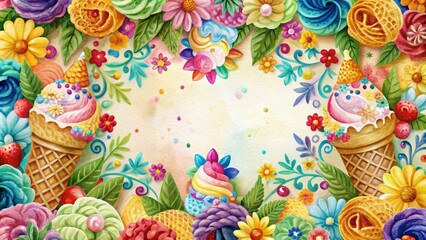 A vibrant summer wonderland with ice cream cones adorned with flowers, perfect for a whimsical celebration or a sweet treat.