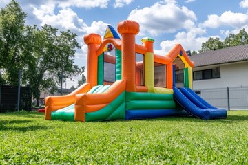Sunny day outdoor playground with colorful inflatable bouncy castle and slide for kids