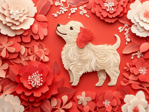 Cute dog zodiac or chinese horoscope for chinese lunar new year with peonies in pink, yellow and orange hues done on papercut art style