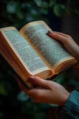 Fototapeta premium A person holds an open book, surrounded by greenery, suggesting a cozy reading atmosphere.
